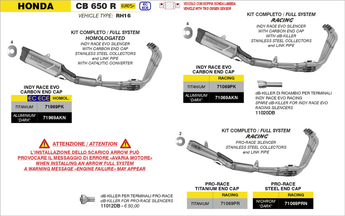 71069PRN | ARROW EXHAUST | HONDA CBR650R E5+ 2024-25  | Full system racing with Pro-Race "Dark" silencers