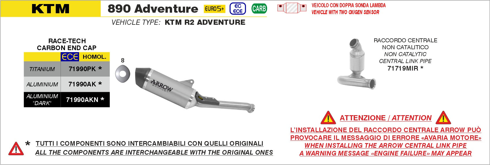 71990AKN | ARROW EXHAUST | KTM 890 Adventure / R 2025 | Race-Tech aluminium "Dark" silencer with carby end cap