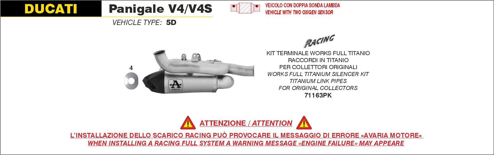 71163PK | ARROW EXHAUST | Ducati Panigale V4 2025 | Titanium Works silencer with titanium link pipes