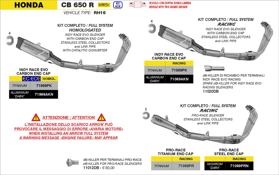 71969PK | ARROW EXHAUST | Honda CB 650 R 2024-25 | Homologated full system with Indy Race EVO titanium silencer