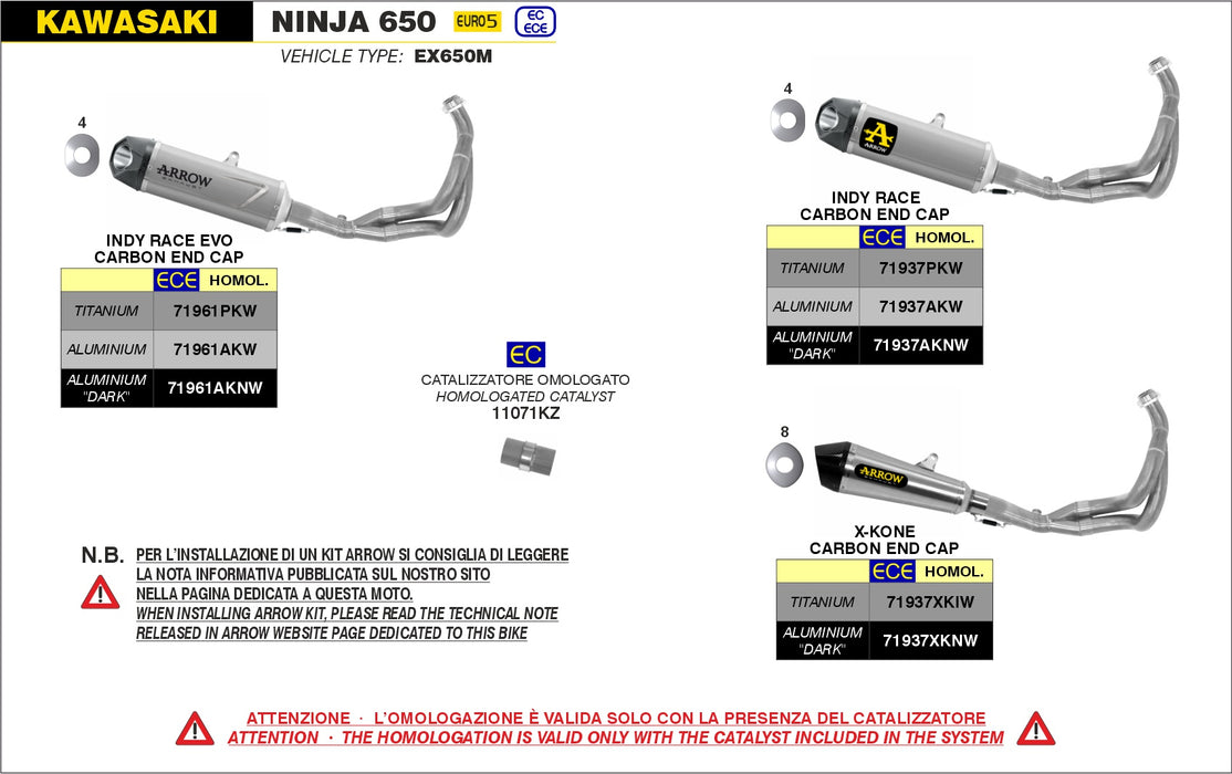 71937PKW | ARROW EXHAUST | Kawasaki Ninja 650 2021-23 | Indy Race Titanium full system with carby end cap