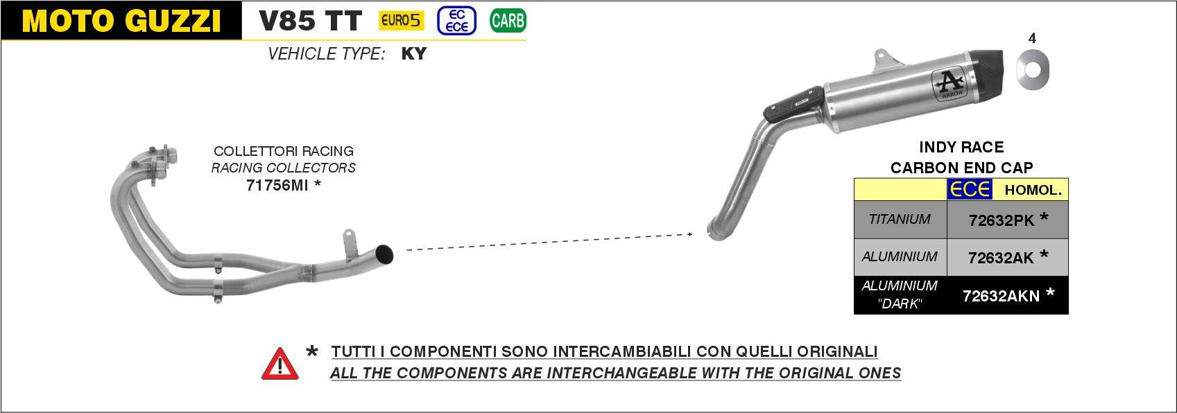 72632AK | ARROW EXHAUST | Moto Guzzi V85 TT 2021/2023 | Indy Race aluminium silencer with carby end cap
