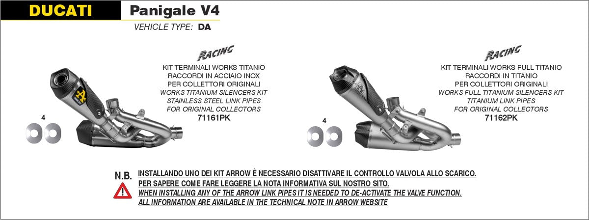 71162PK | ARROW EXHAUST | DUCATI STREETFIGHTER V4 / PANIGALE V4  2020-24 | Titanium Works silencers (right and left) with titanium link pipies