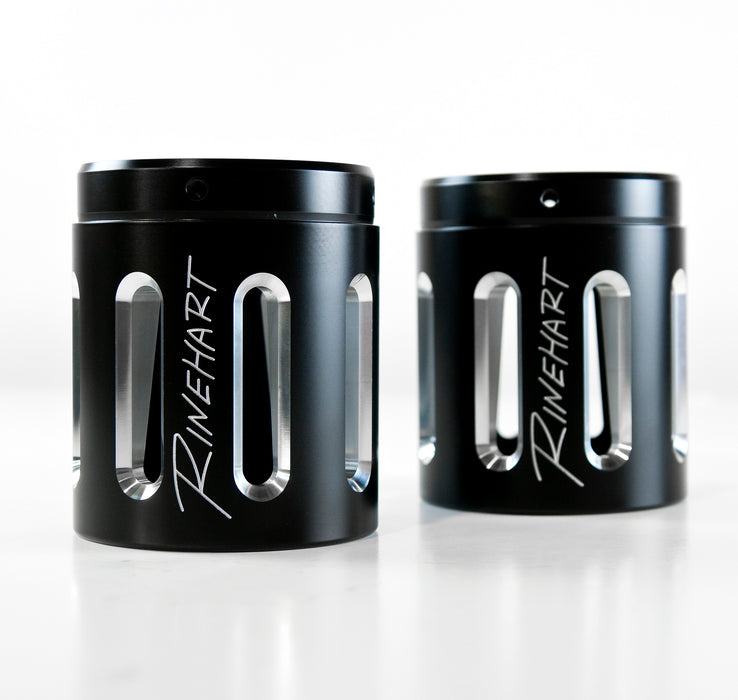 500-0106-MERGE | Rinehart Racing | All Touring Models Milwaukee Eight - 4" Slip-On Mufflers Chrome With Black End Caps Merge