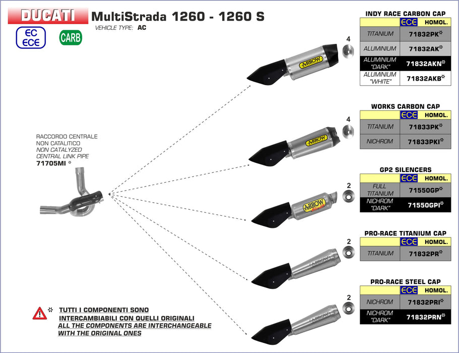 71705MI | ARROW EXHAUST | Ducati Multistrada 1260 / 1260S 2018+ | Non catalized mid-pipe