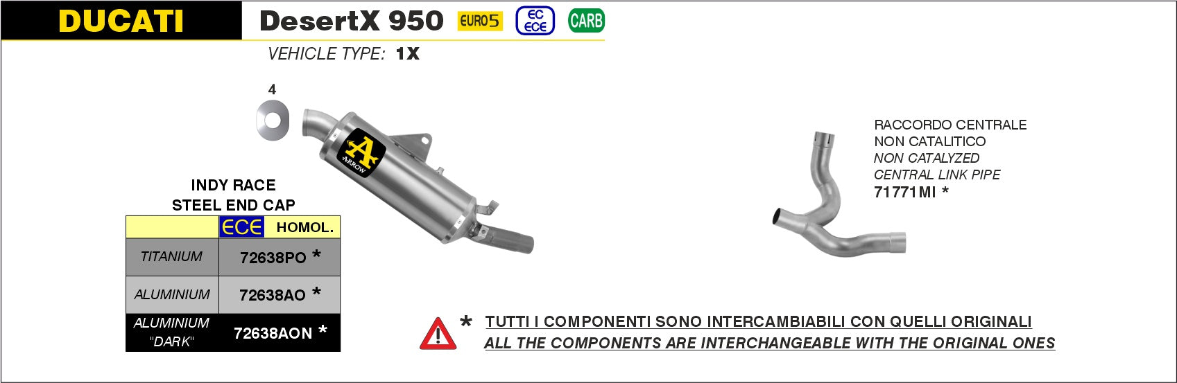 72638AON | ARROW EXHAUST | DUCATI DESERT X 950 2022-2024 | Indy Race aluminium "Dark" silencer with steel end cap