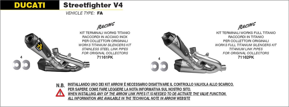 ARROW EXHAUST | DUCATI STREETFIGHTER V4 / PANIGALE V4  2020-24 | Titanium Works silencers (right and left) with stainless steel link pipies