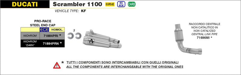 71884PRN | ARROW EXHAUST | Ducati Scrambler 1100 2018-2020 | Pro-Race Nichrom Dark Silencer