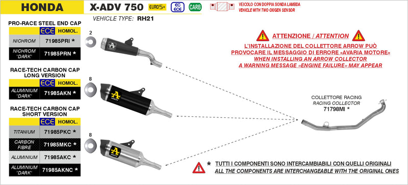 71985AKN | ARROW EXHAUST | Honda X-ADV 750 2025  | Race-Tech aluminium "Dark" silencer with carby end cap