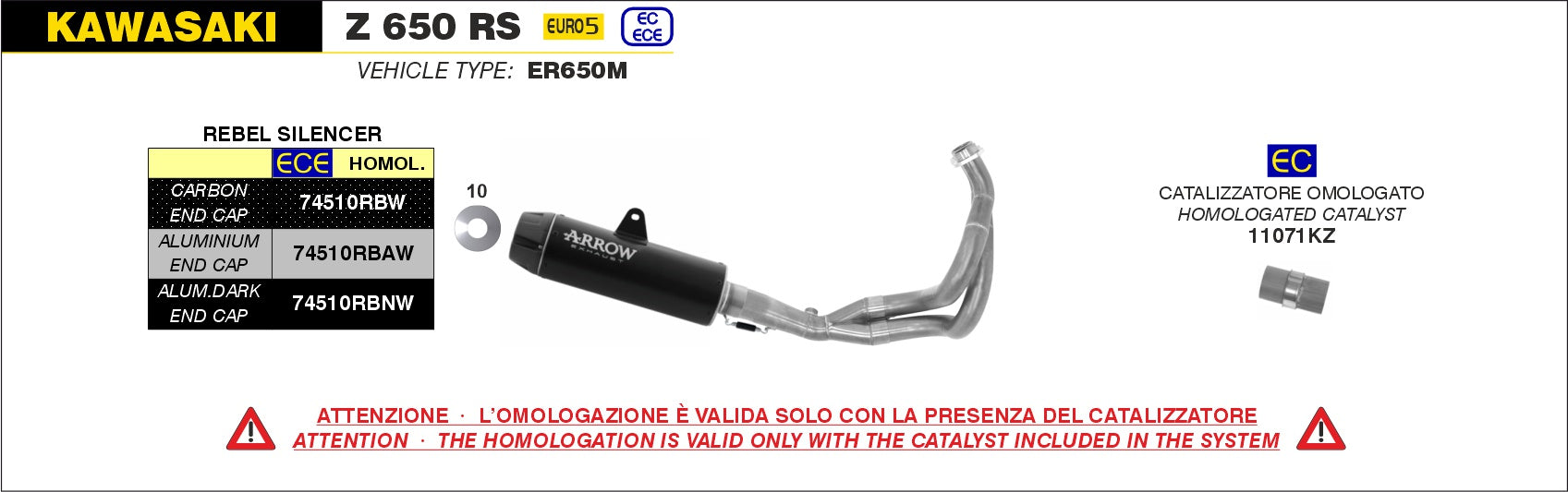 ARROW EXHAUST | Kawasaki Z 650 RS 2021-24 | Full system Rebel with aluminium polish rear end cap