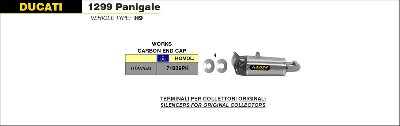 71839PK | ARROW EXHAUST | Ducati 1299 Panigale 2015/2016 | Titanium Works silencers (right and left) with carby end cap