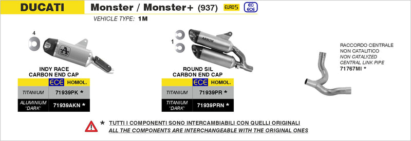 71939PR | ARROW EXHAUST | Ducati Monster 937 2021-24  | Round-Sil titanium double silencer (upper & lower) with carby end cap