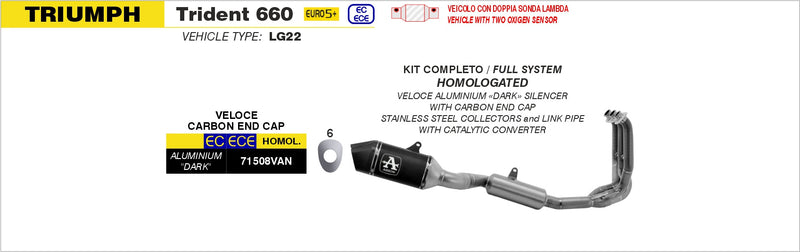 71508VAN | ARROW EXHAUST | Triumph TRIDENT 660 2025-26 | Homologated full system with Veloce aluminium "Dark" silencer
