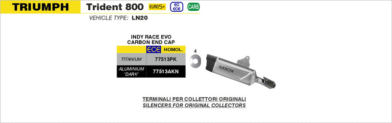 77513PK | ARROW EXHAUST | Triumph TRIDENT 800 2026 | Indy Race EVO Titanium silencer with carby end cap