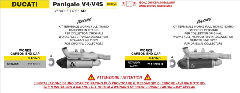 71163PKR | ARROW EXHAUST | Ducati Panigale V4 2025 | Titanium "Dark" Works silencer with titanium link pipes