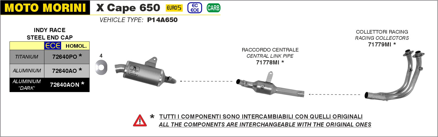 ARROW EXHAUST|  MOTO MORINI X-CAPE 650 2022-2024 | Racing Link Pipe interchangeable with original one