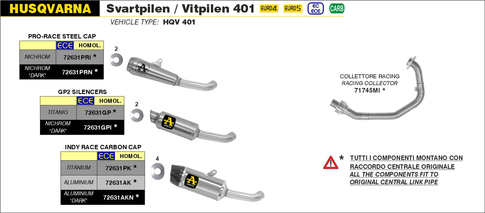 72631PK   | ARROW EXHAUST |  Husqvarna Svartpilen / Vitpilen 401 2020/2023 | Indy Race Titanium silencer with carby end cap