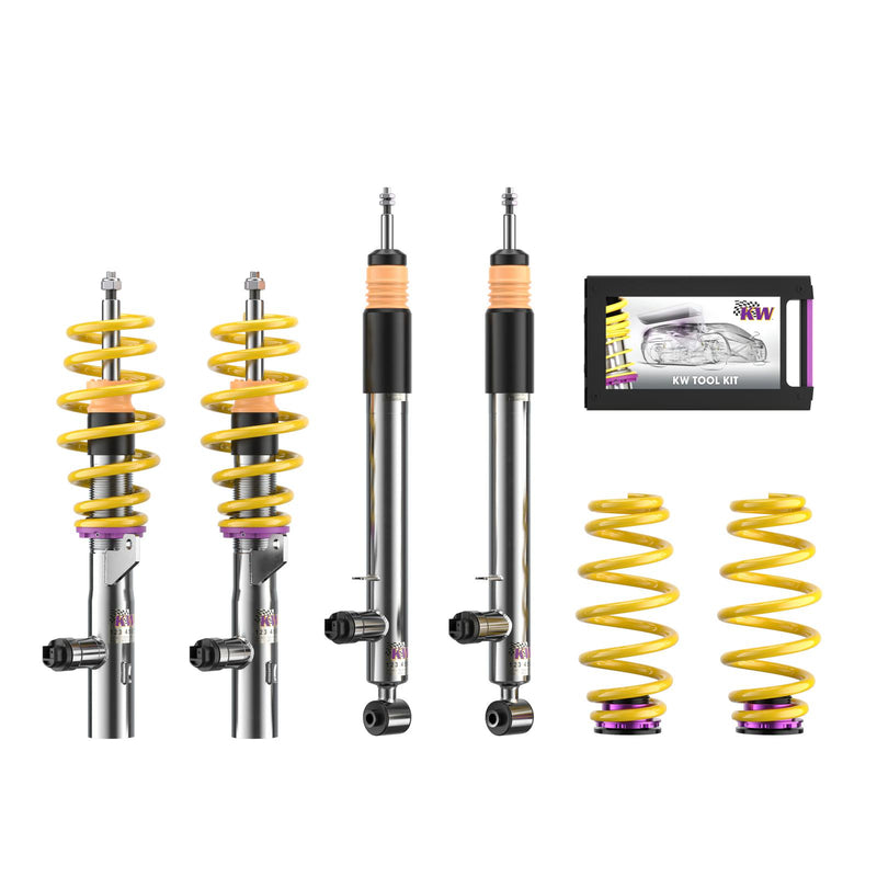 39020018 | KW DDC - Plug & Play coilovers inox | Car type: BMW 2 Coupe (F22, F87) 1C, M3 10/2012-06/2021 220 d - 140kW - 1995ccm - 4 cyl. - Rear-Wheel Drive  Only Models Year: 02/2014- Axle Load FA/RA (kg): 921-1090/-1230 for cars with electronic damping