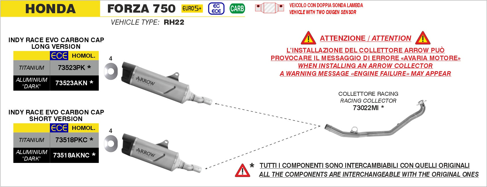 73523PKC | ARROW EXHAUST | Honda FORZA 750 2025 | Indy Race EVO titanium silencer with carby end cap - short version
