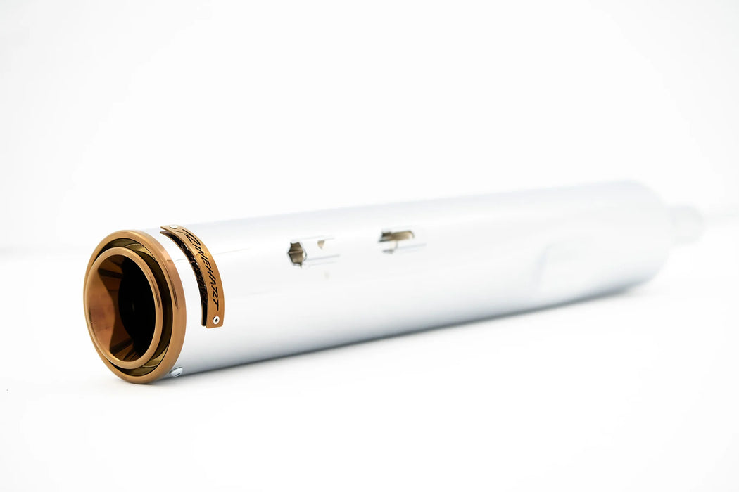 500-1112 | Rinehart Racing | 2017-2026 HP45 XL 4.5" Mufflers Chrome with Bronze PVD End Caps - 1