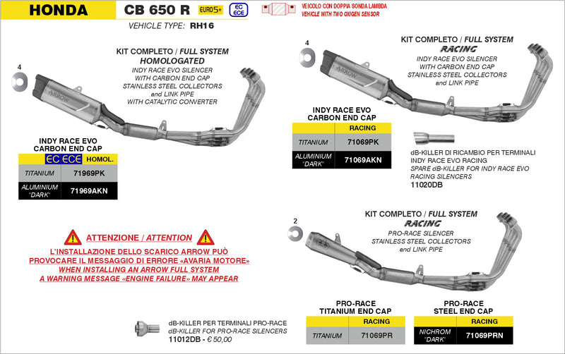 71969PK | ARROW EXHAUST | Honda CB 650 R 2024-25 | Homologated full system with Indy Race EVO titanium silencer