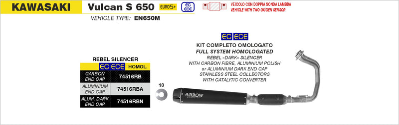 74516RB | ARROW EXHAUST | Kawasaki Vulcan S 650 2025 | Full system Rebel with carbon fibre rear end cap