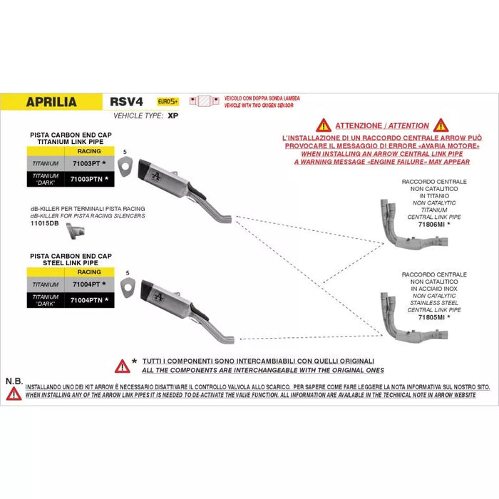 71805MI| ARROW EXHAUST |Aprilia RSV 4 2025 |Non catalized stainless stell link-pipe