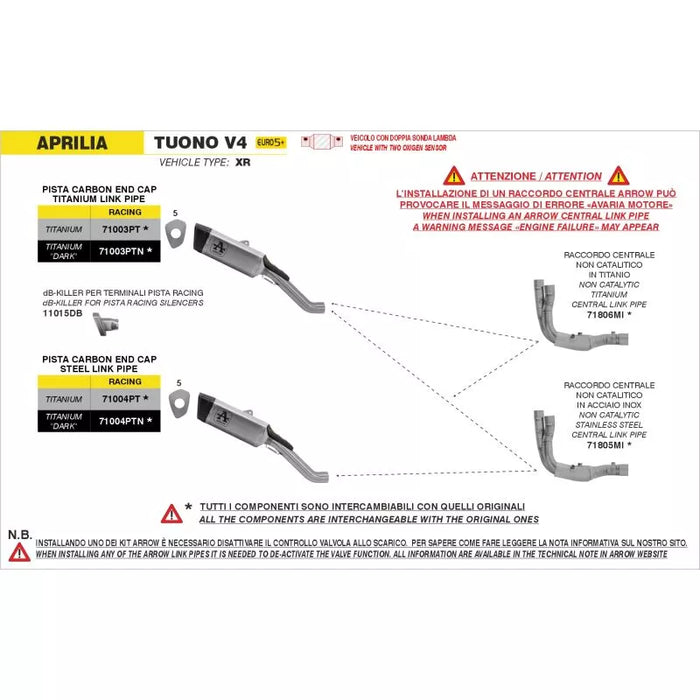 71805MI| ARROW EXHAUST |Aprilia RSV 4 2025 |Non catalized stainless stell link-pipe