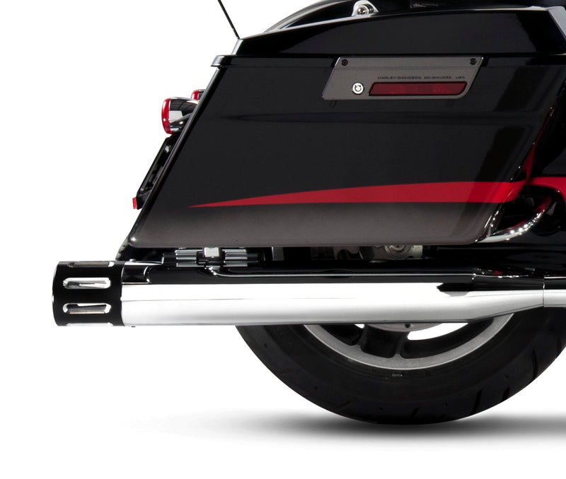 500-0106-MERGE | Rinehart Racing | All Touring Models Milwaukee Eight - 4" Slip-On Mufflers Chrome With Black End Caps Merge