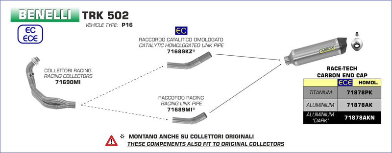 71878AKN | ARROW EXHAUST | for Benelli TRK 502 2017-20 | Race-Tech aluminium "Dark" silencer with carby end cap